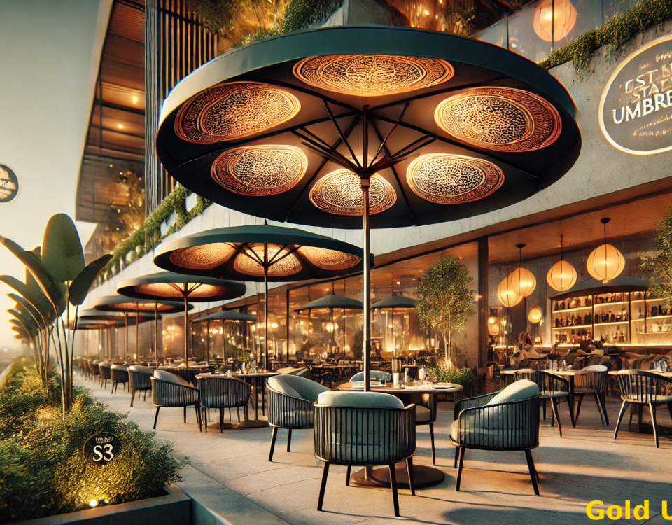An elegant outdoor restaurant setting featuring custom Gold Umbrella branded umbrellas, providing shade and style to customers enjoying their meals. The umbrellas showcase premium quality and modern design.